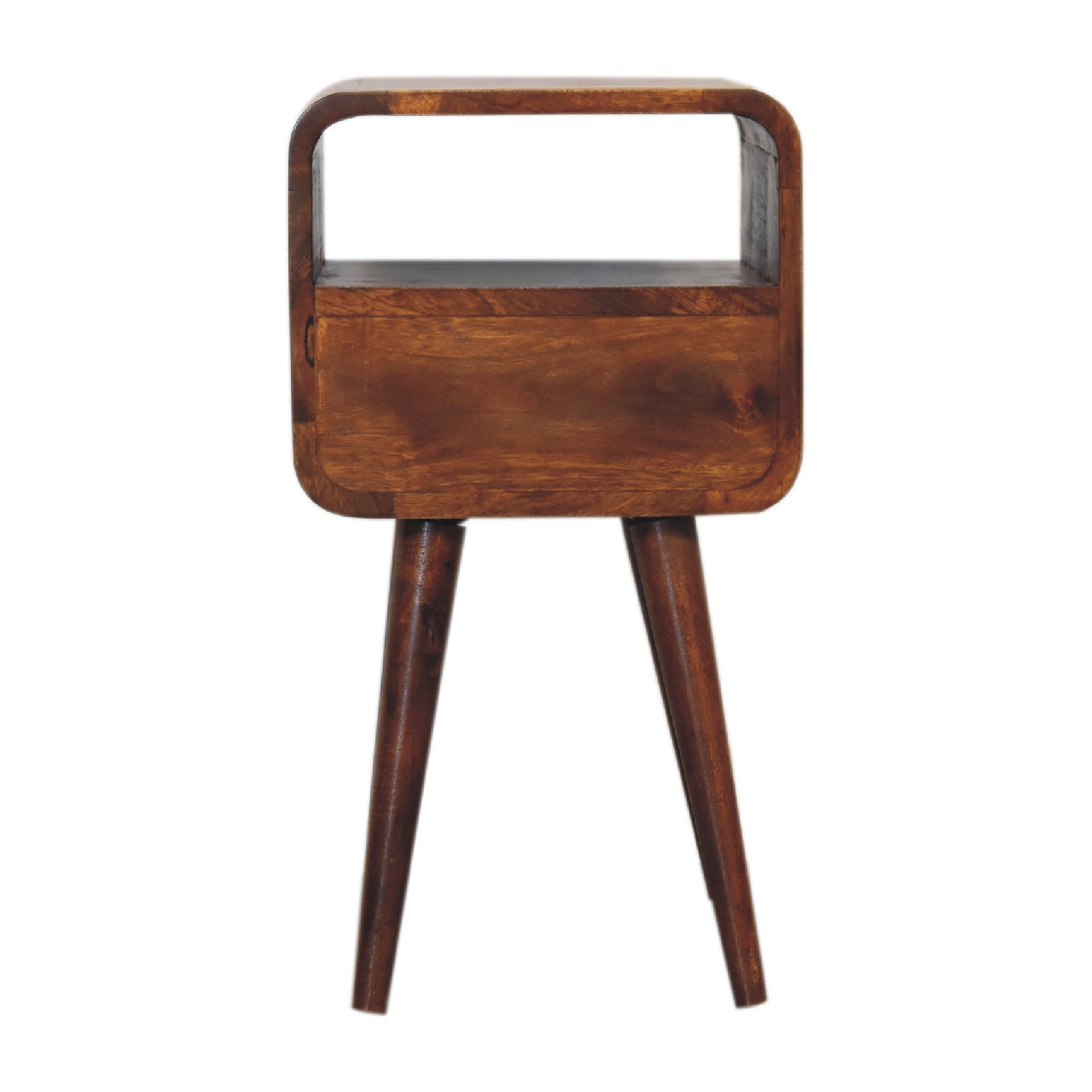 mini chestnut curved bedside with open slot
