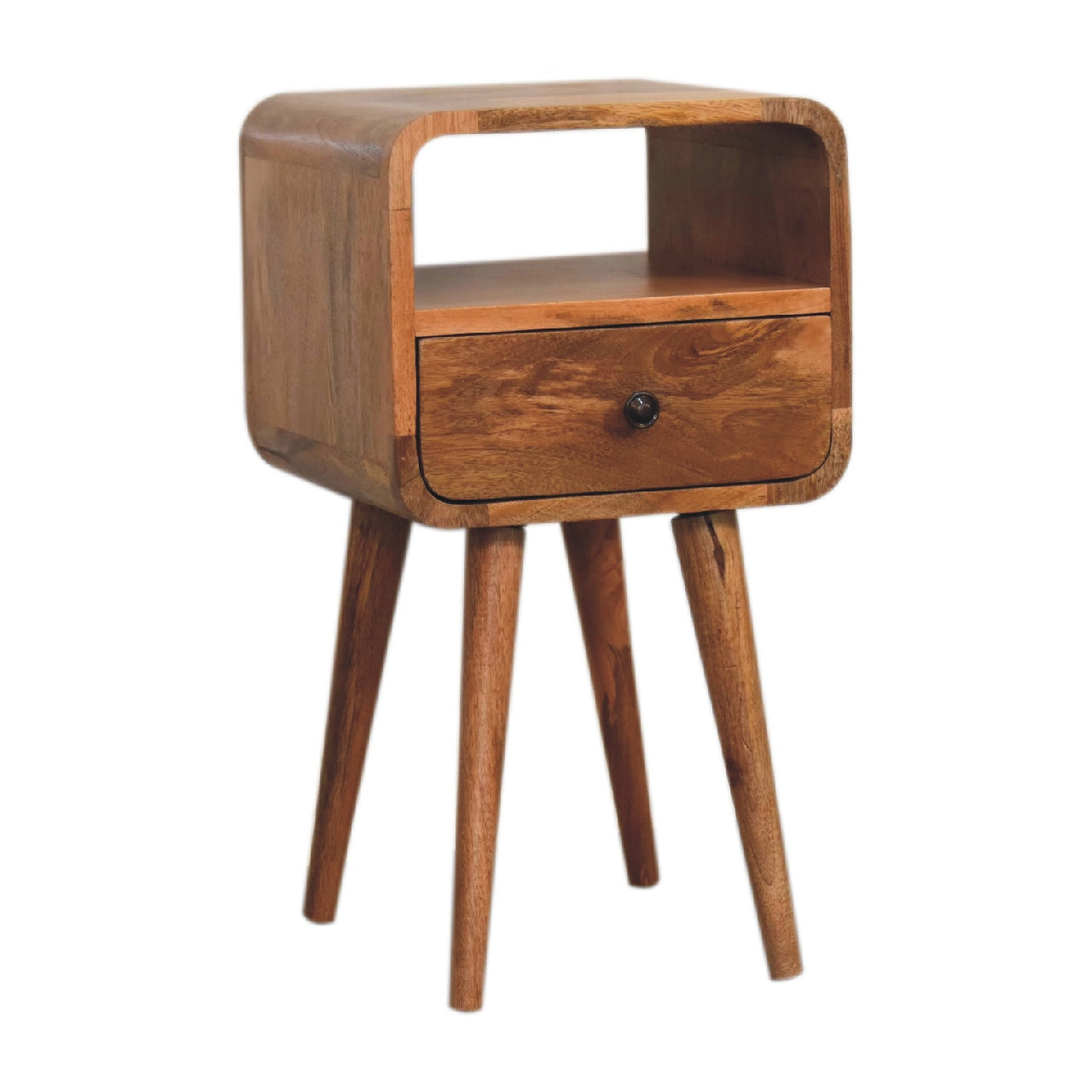 mini oak ish curved bedside with open slot