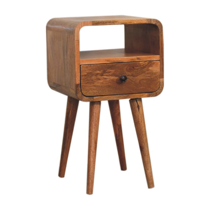 mini oak ish curved bedside with open slot