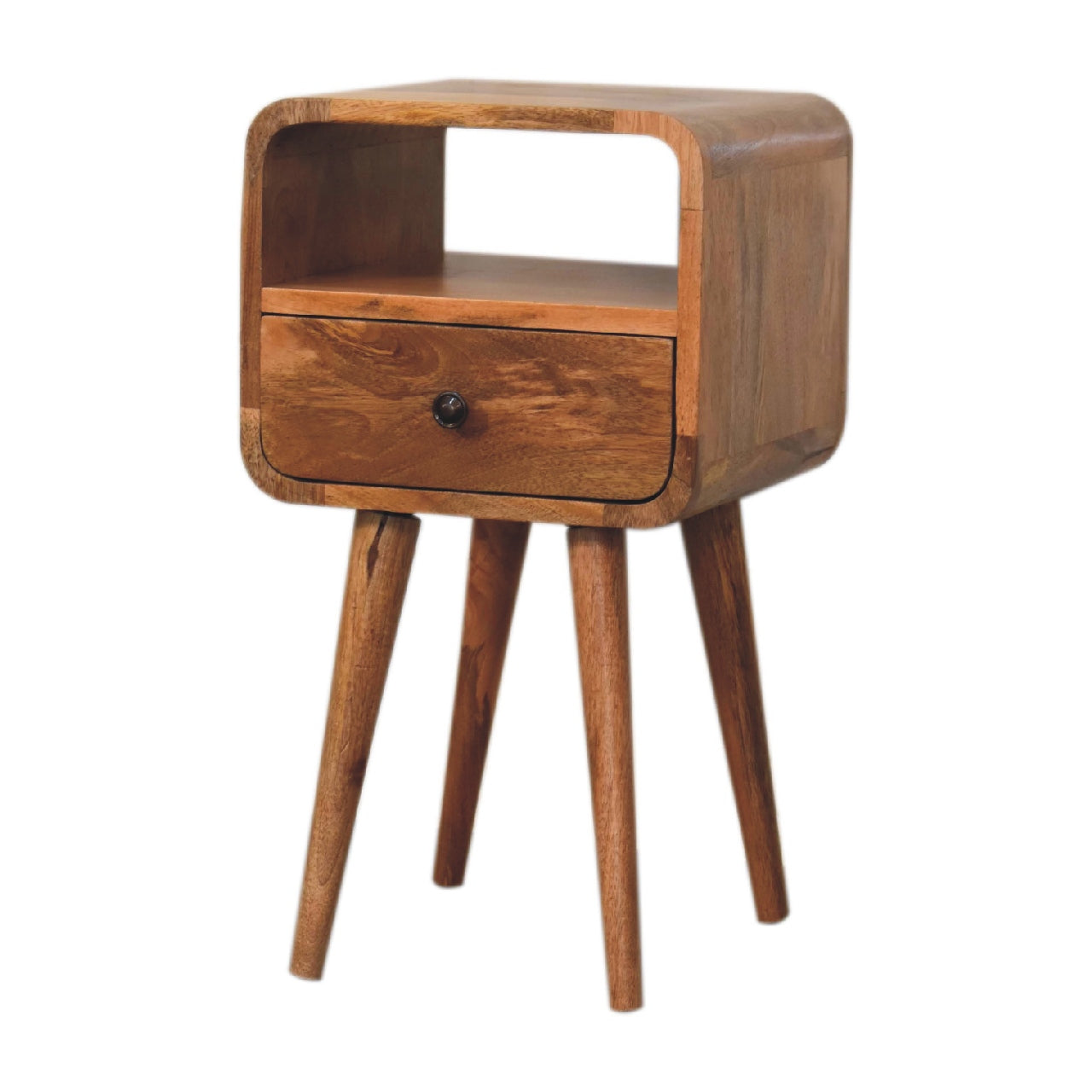 mini oak ish curved bedside with open slot