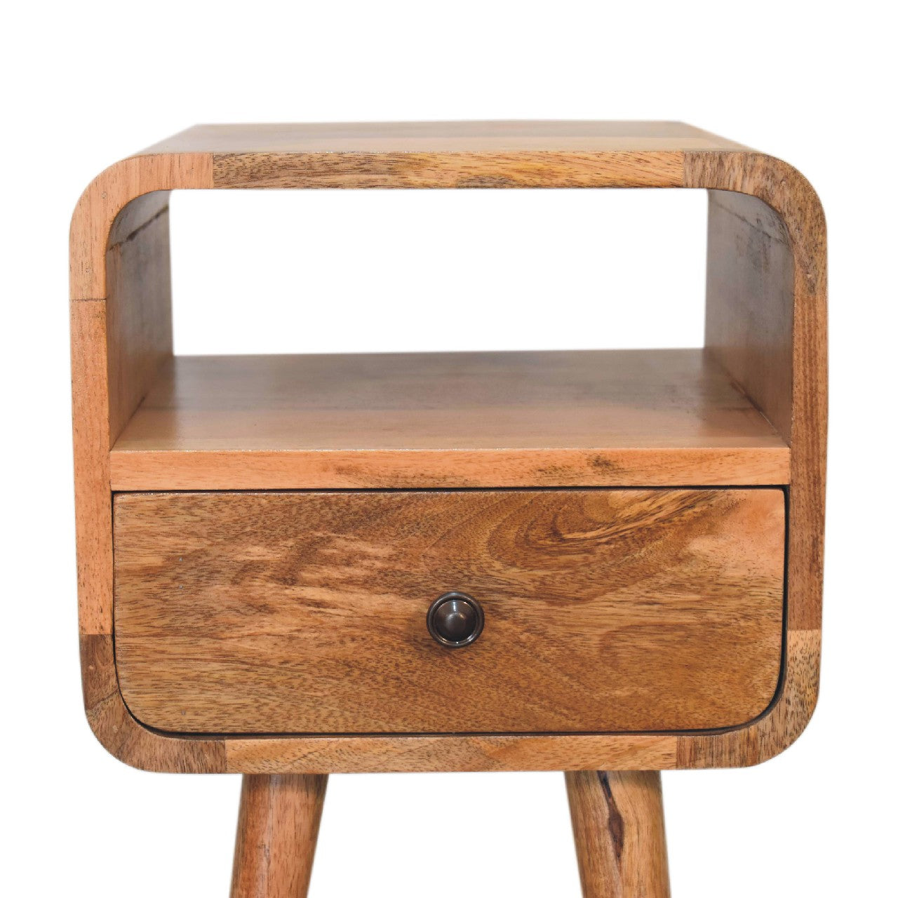 mini oak ish curved bedside with open slot