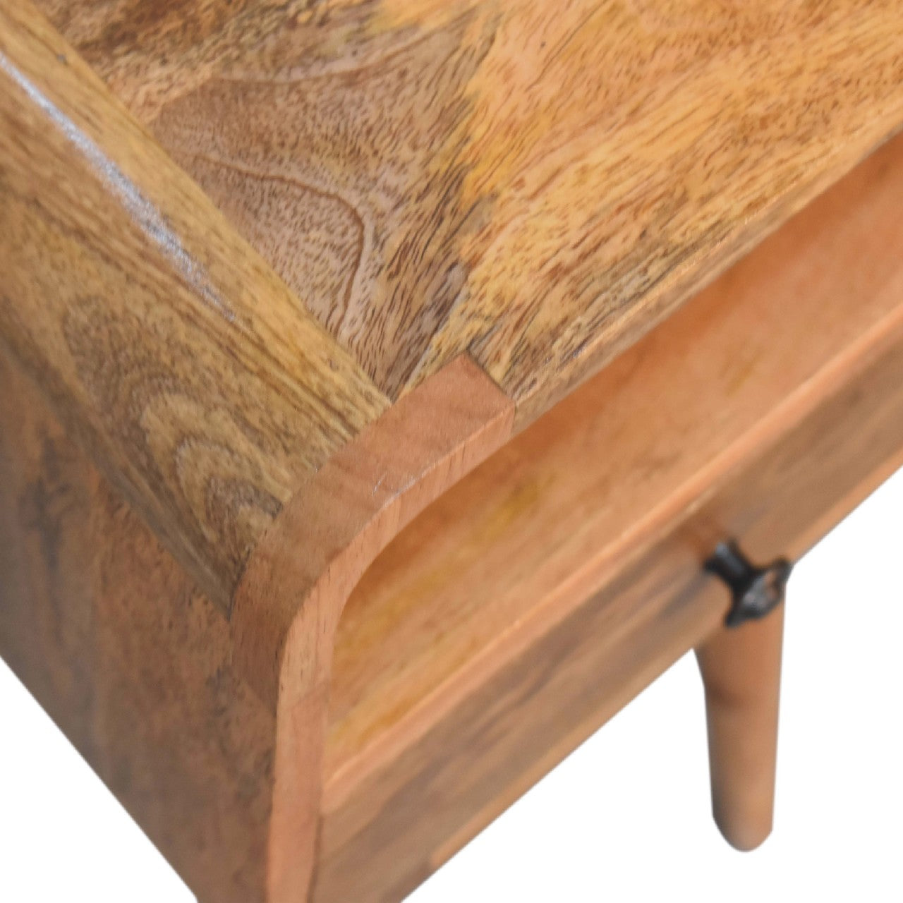 mini oak ish curved bedside with open slot