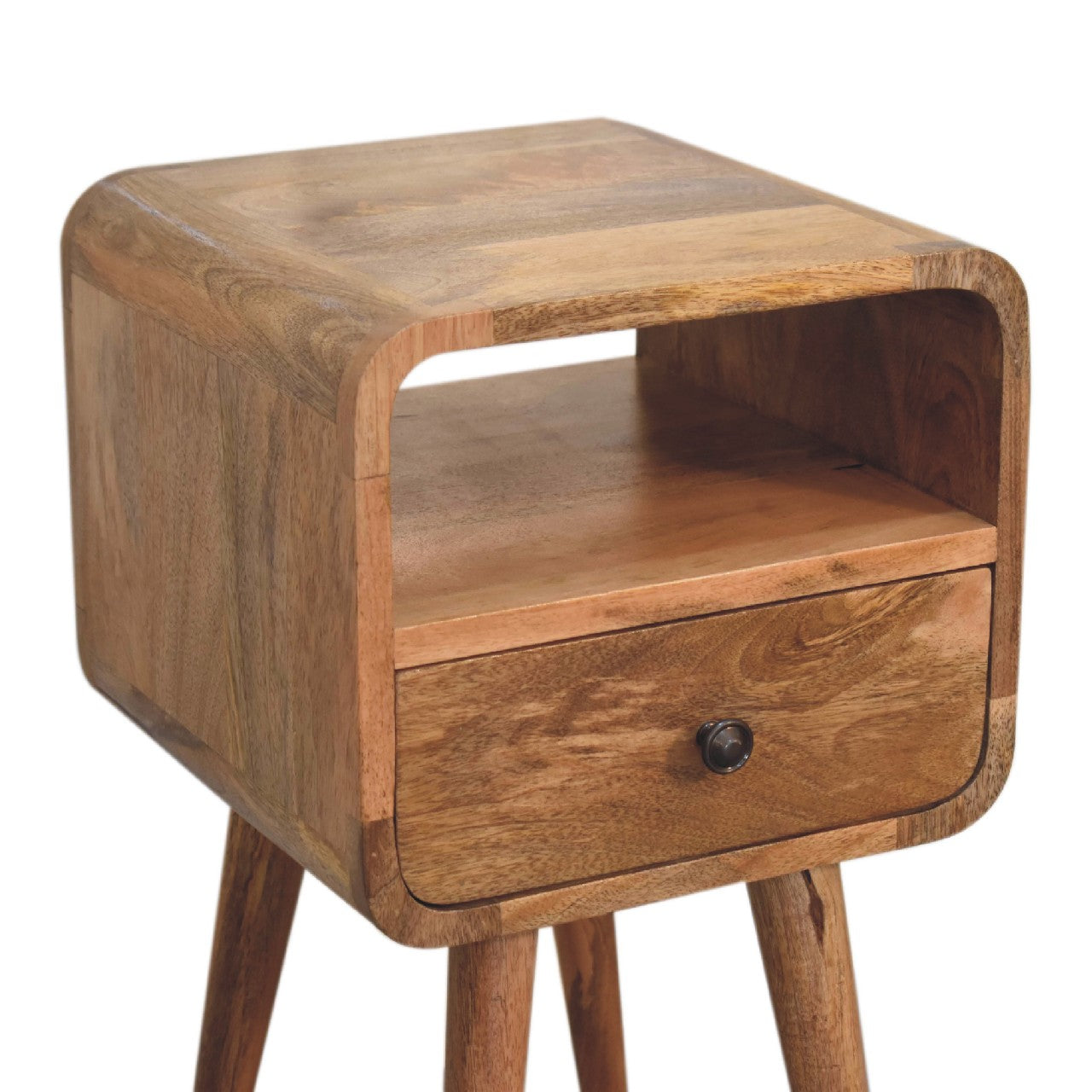 mini oak ish curved bedside with open slot