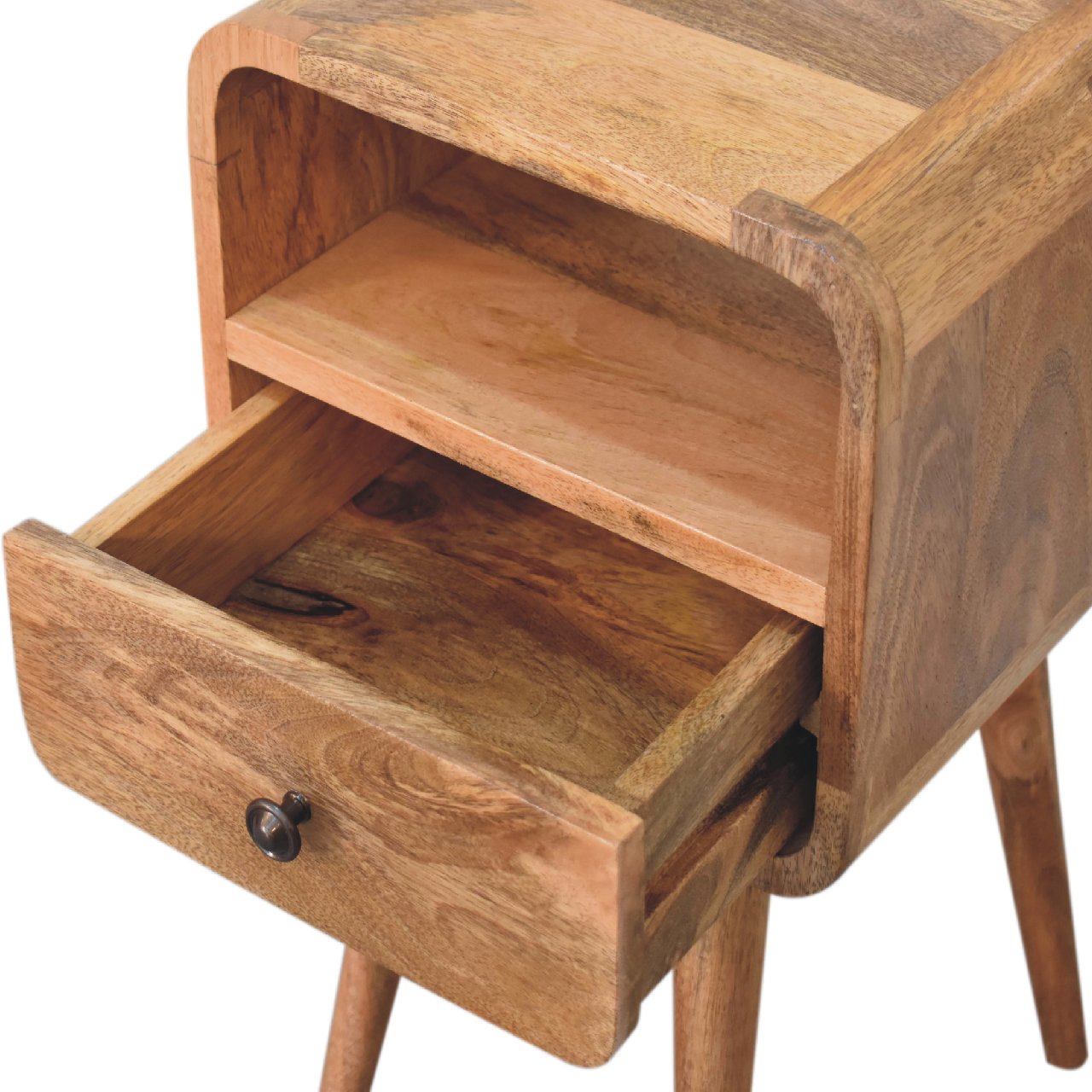 mini oak ish curved bedside with open slot