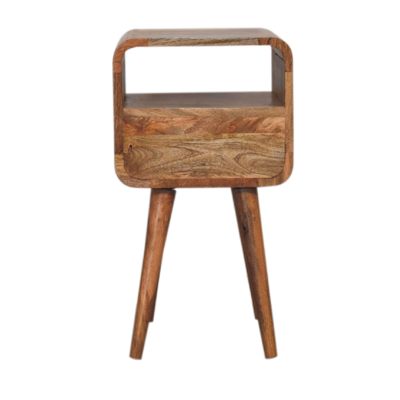 mini oak ish curved bedside with open slot