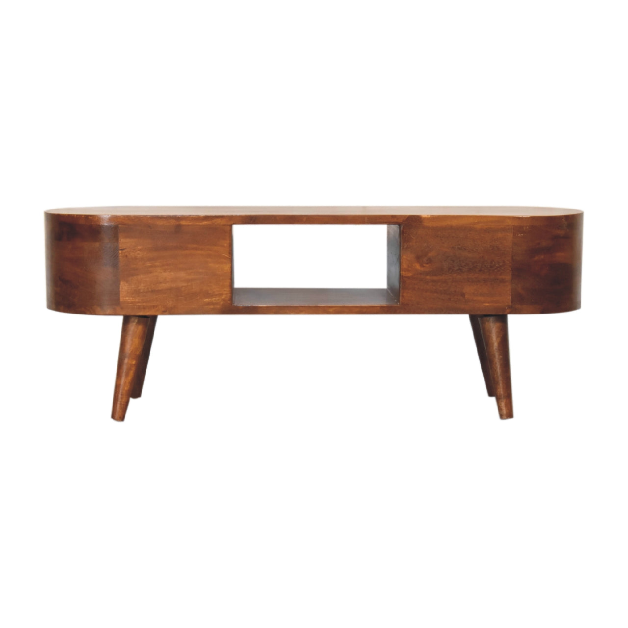 chestnut rounded coffee table with open slot