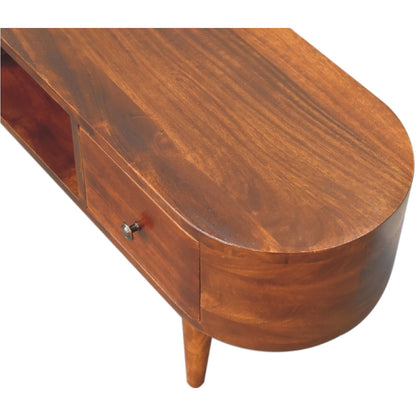 chestnut rounded coffee table with open slot