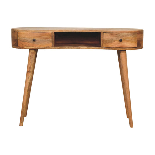 oak ish wave writing desk with 2 drawers