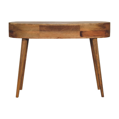 oak ish wave writing desk with 2 drawers