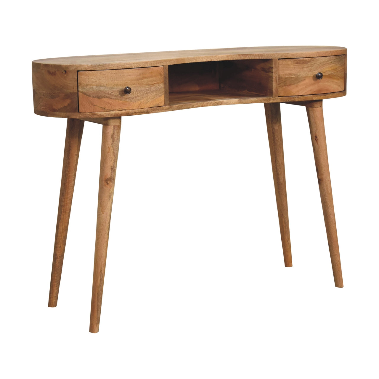oak ish wave writing desk with 2 drawers