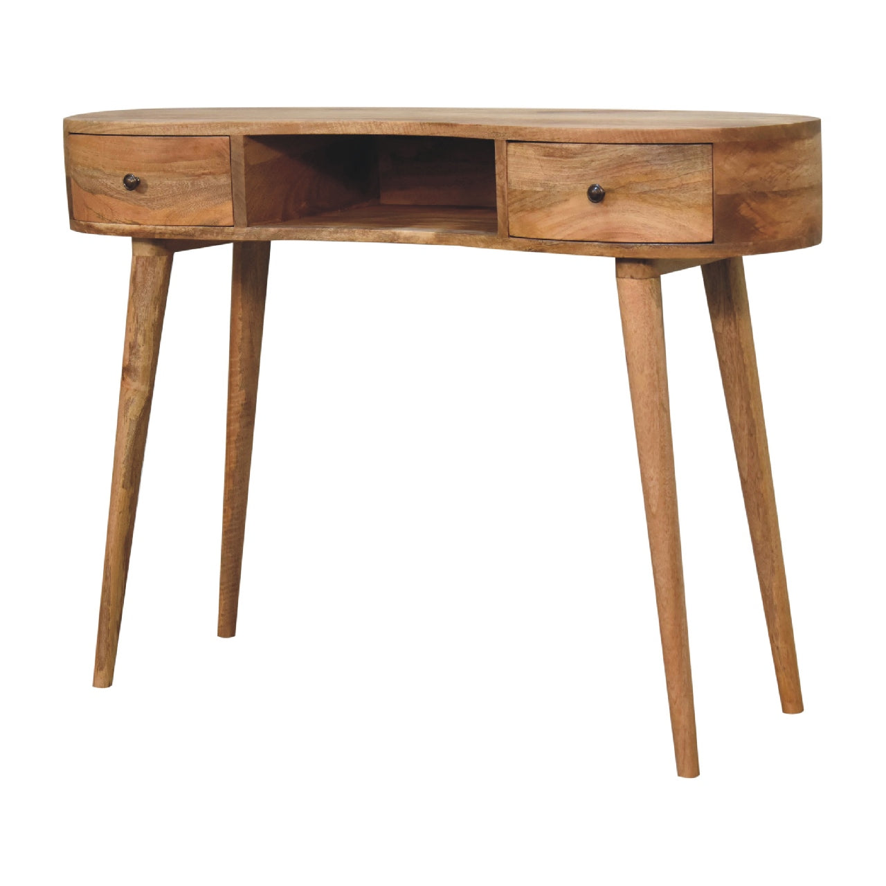 oak ish wave writing desk with 2 drawers
