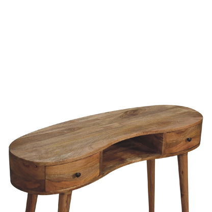 oak ish wave writing desk with 2 drawers
