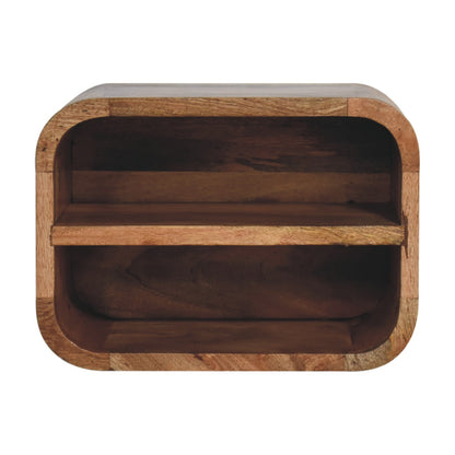open curved oak ish 2 drawer wall mounted bedside