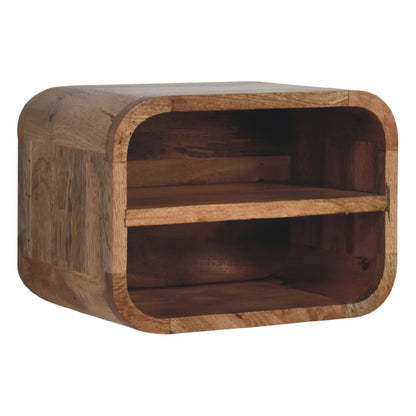open curved oak ish 2 drawer wall mounted bedside