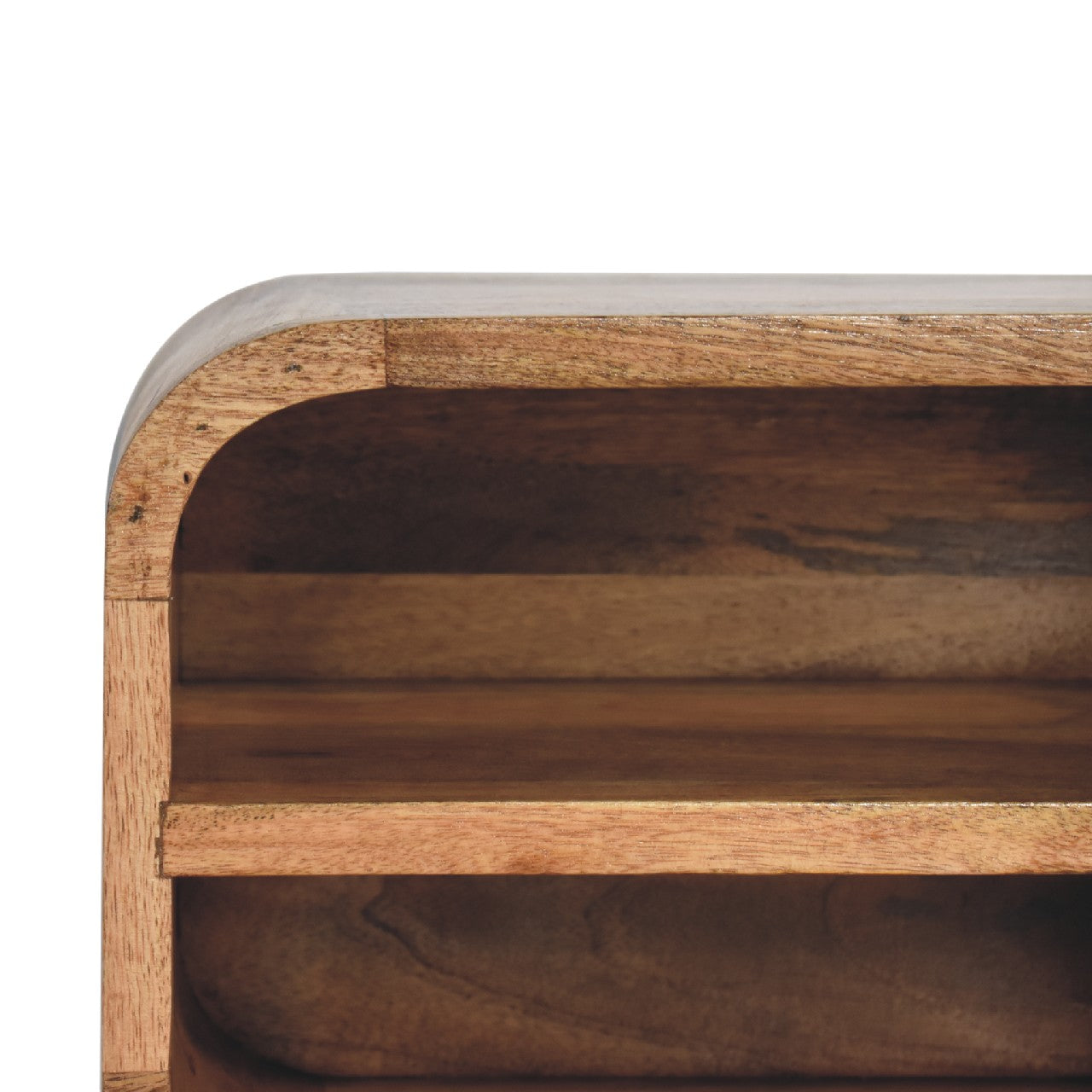 open curved oak ish 2 drawer wall mounted bedside