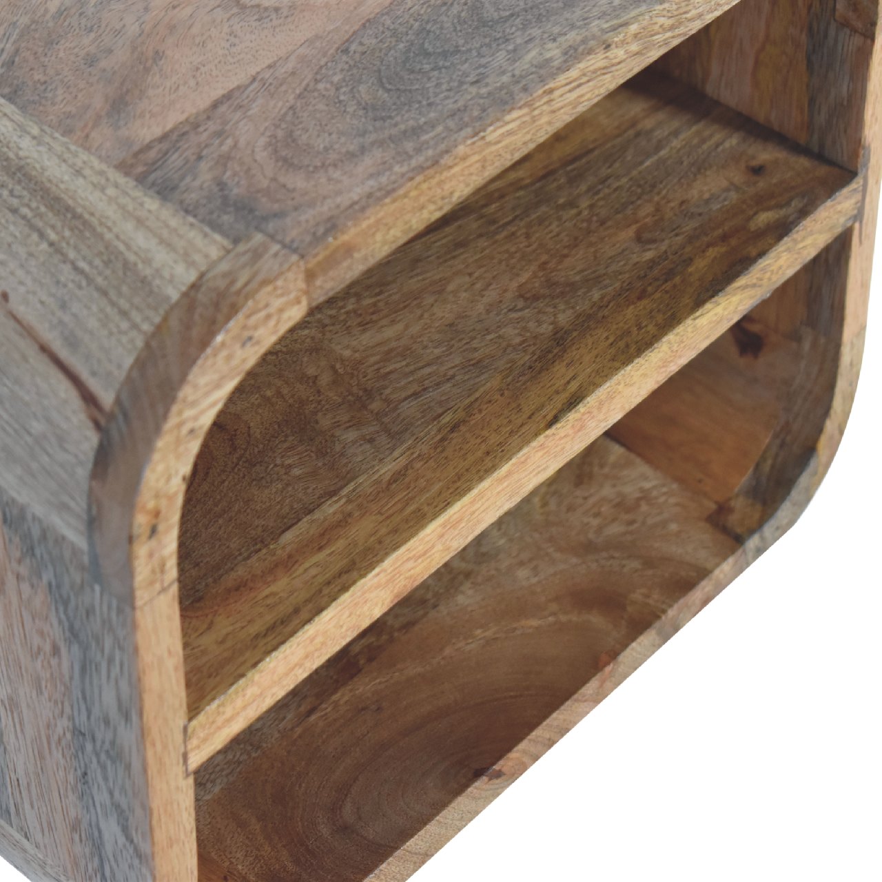 open curved oak ish 2 drawer wall mounted bedside