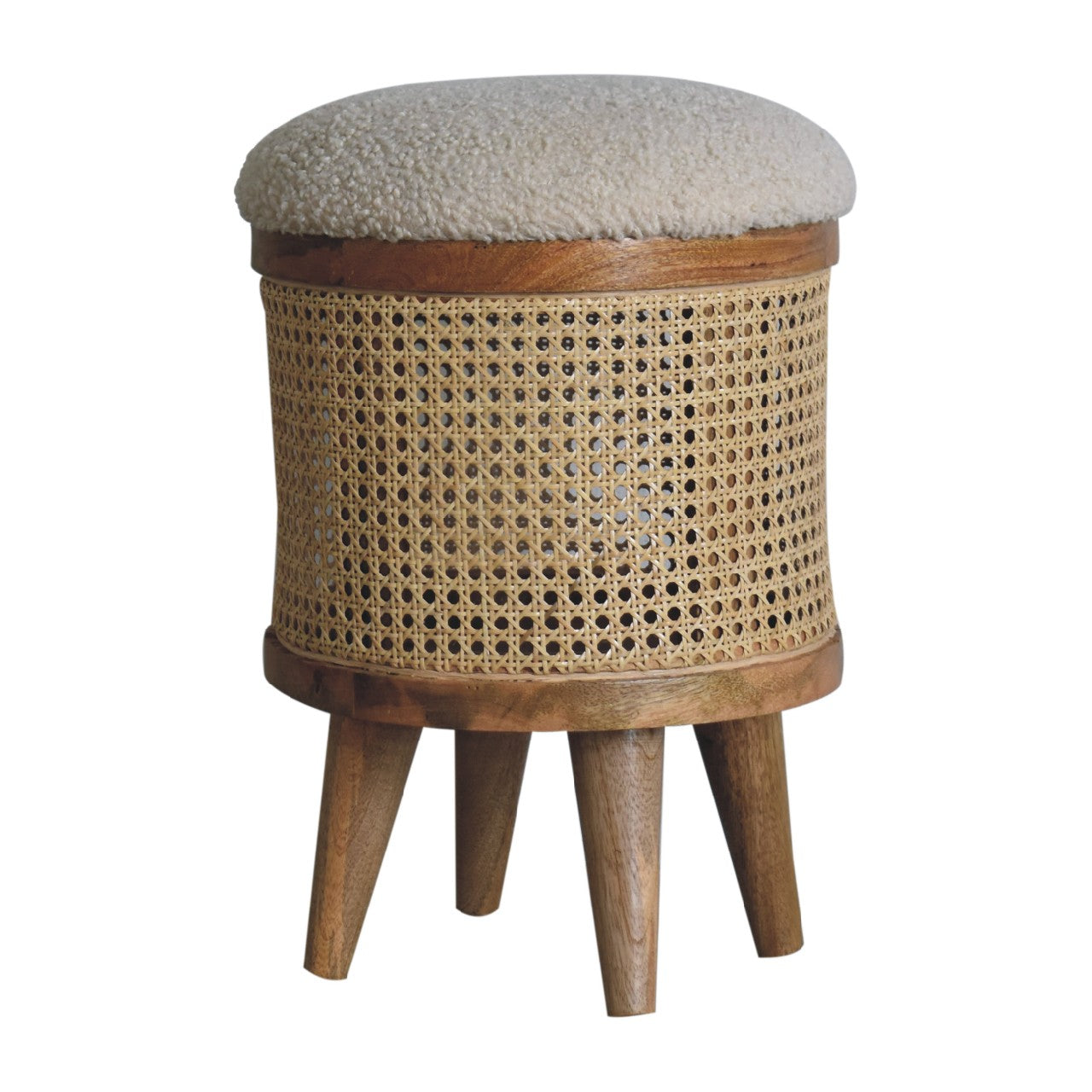 rattan footstool with boucle seat
