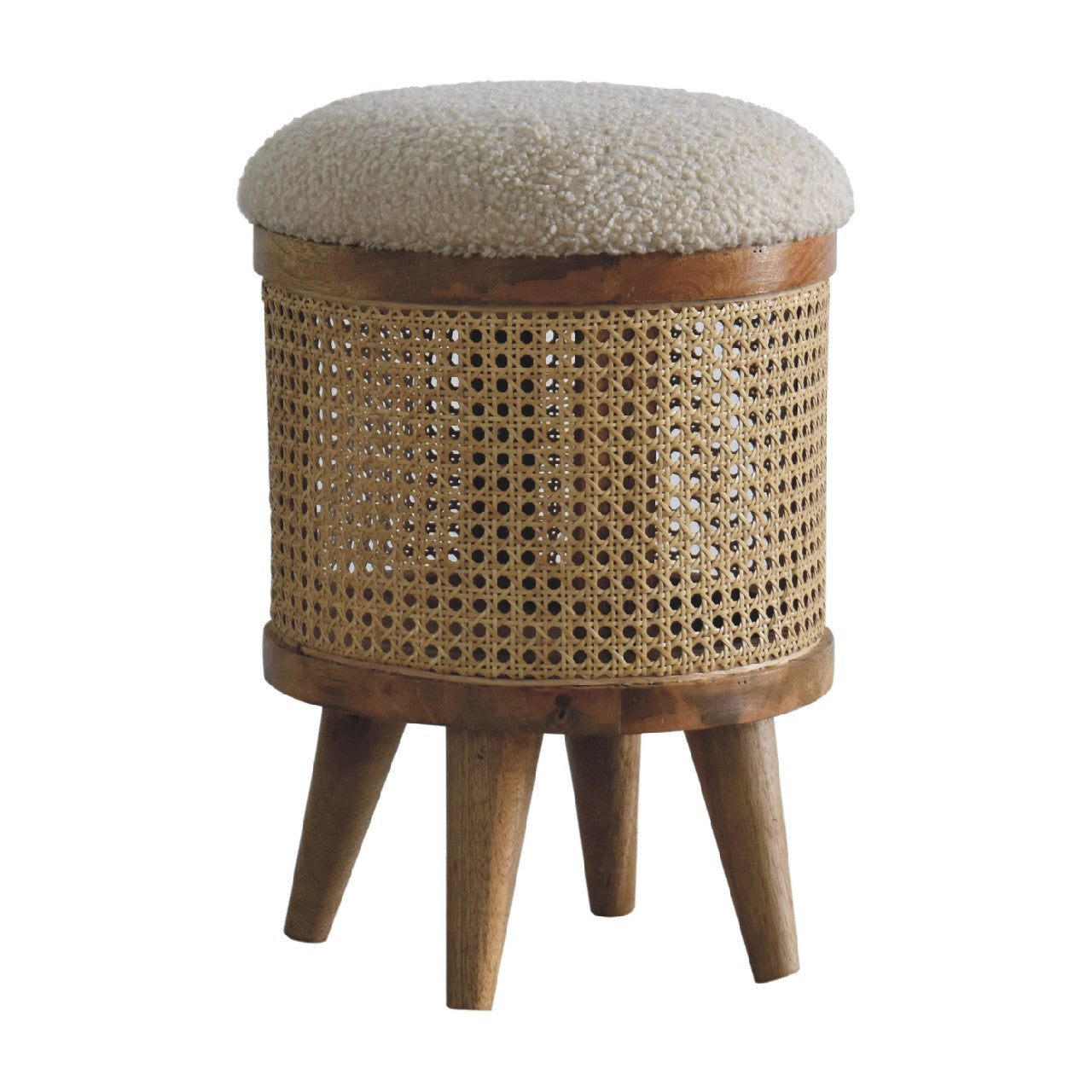 rattan footstool with boucle seat