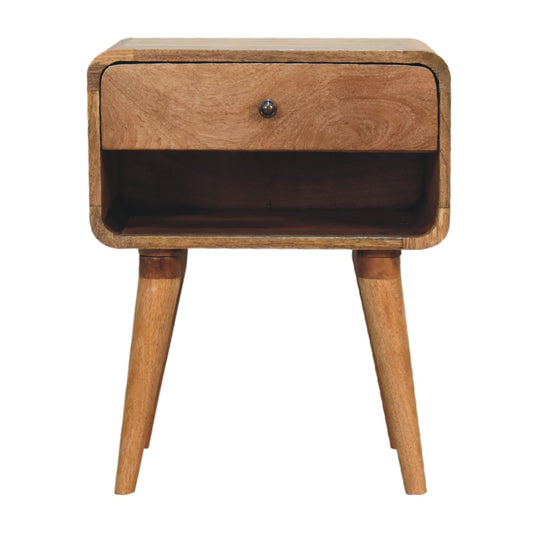 curved oak ish bedside with open slot
