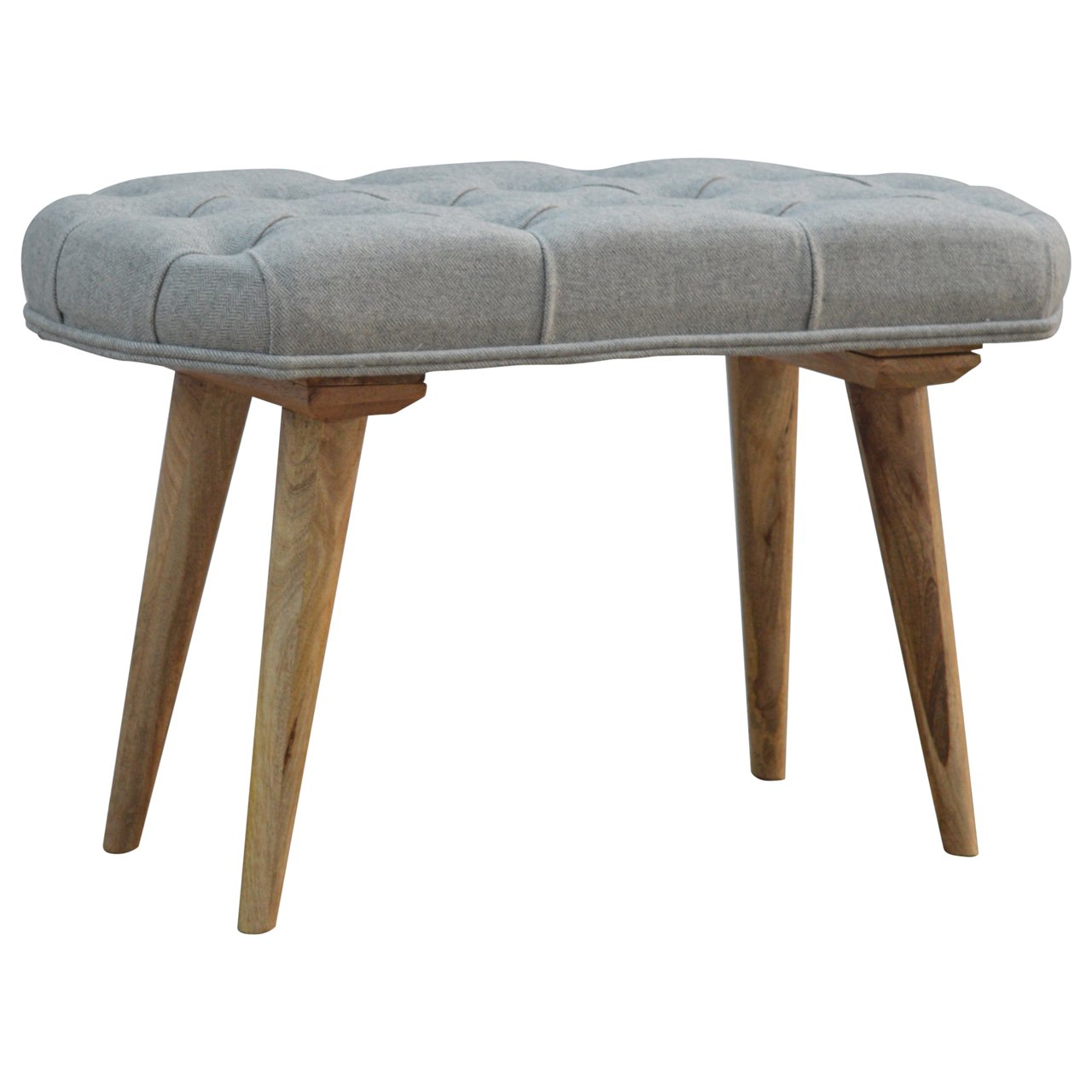 upholstered nordic style bench with deep buttoned grey tweed top