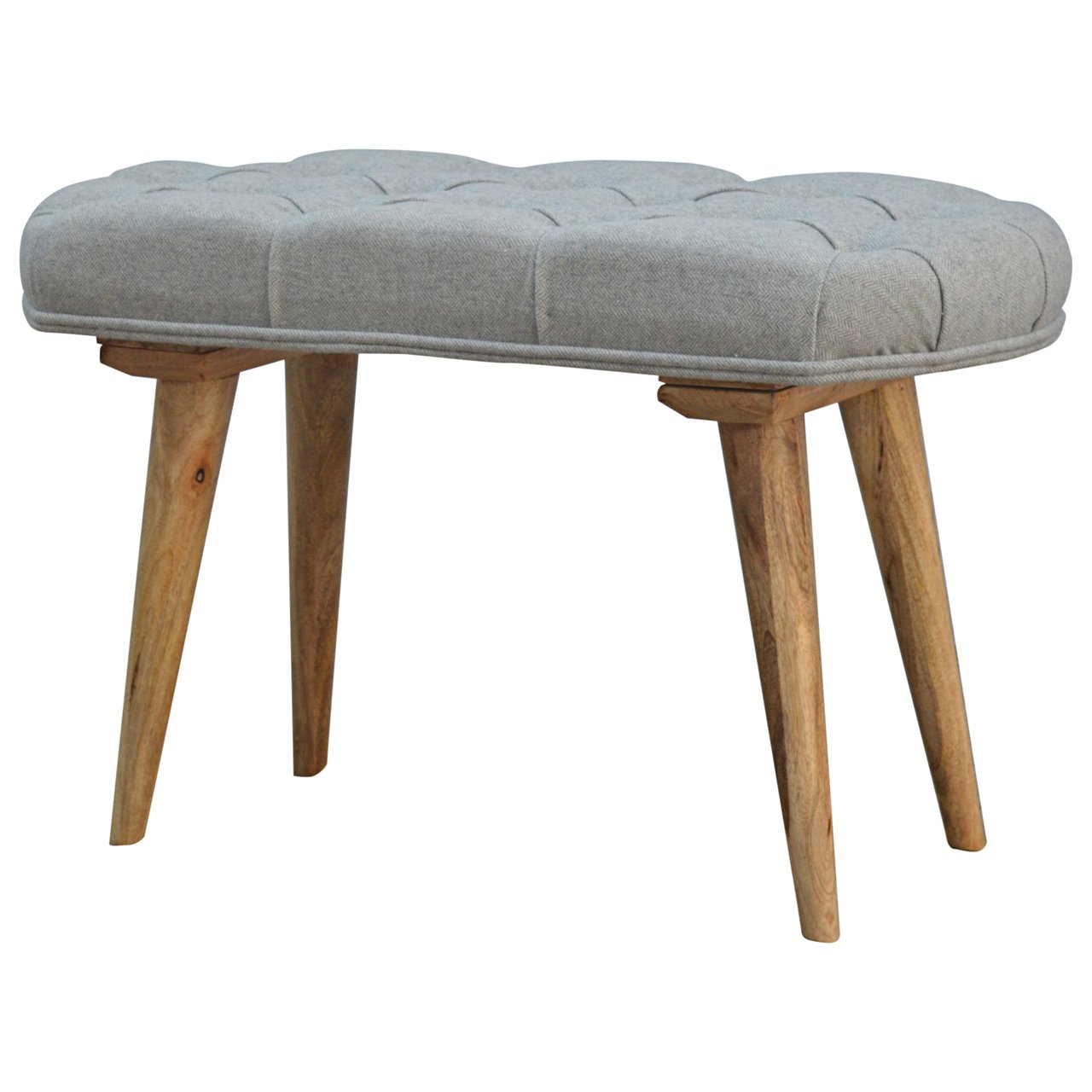 upholstered nordic style bench with deep buttoned grey tweed top