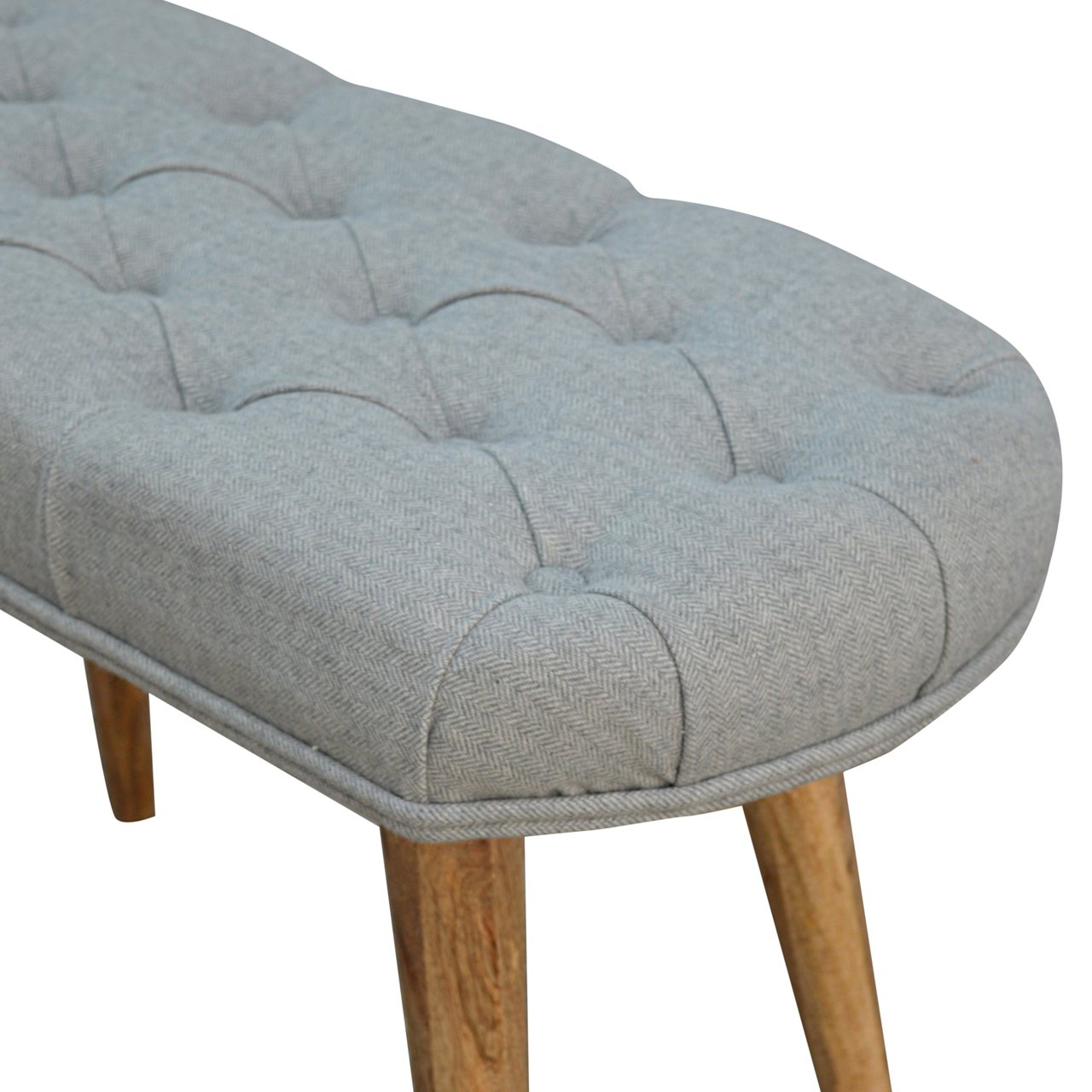 upholstered nordic style bench with deep buttoned grey tweed top