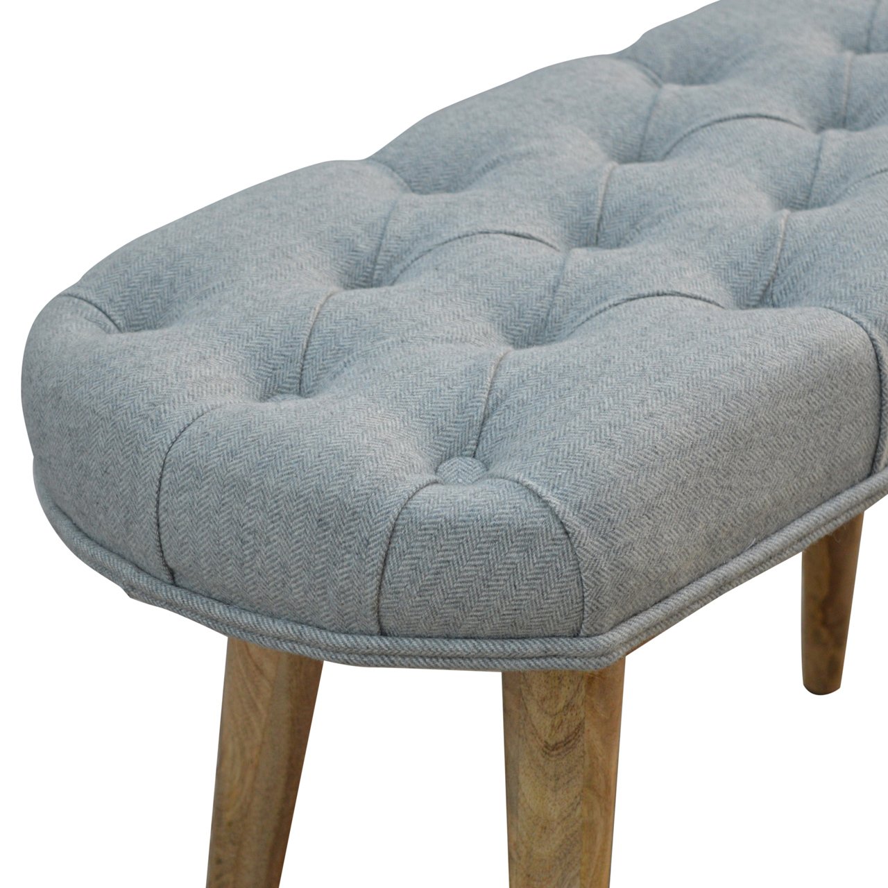 upholstered nordic style bench with deep buttoned grey tweed top