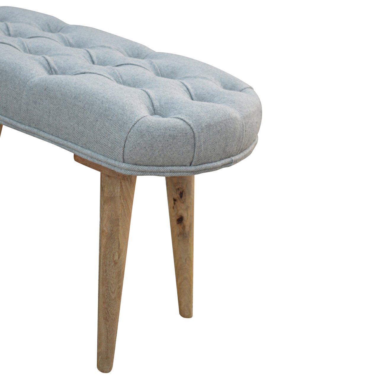 upholstered nordic style bench with deep buttoned grey tweed top