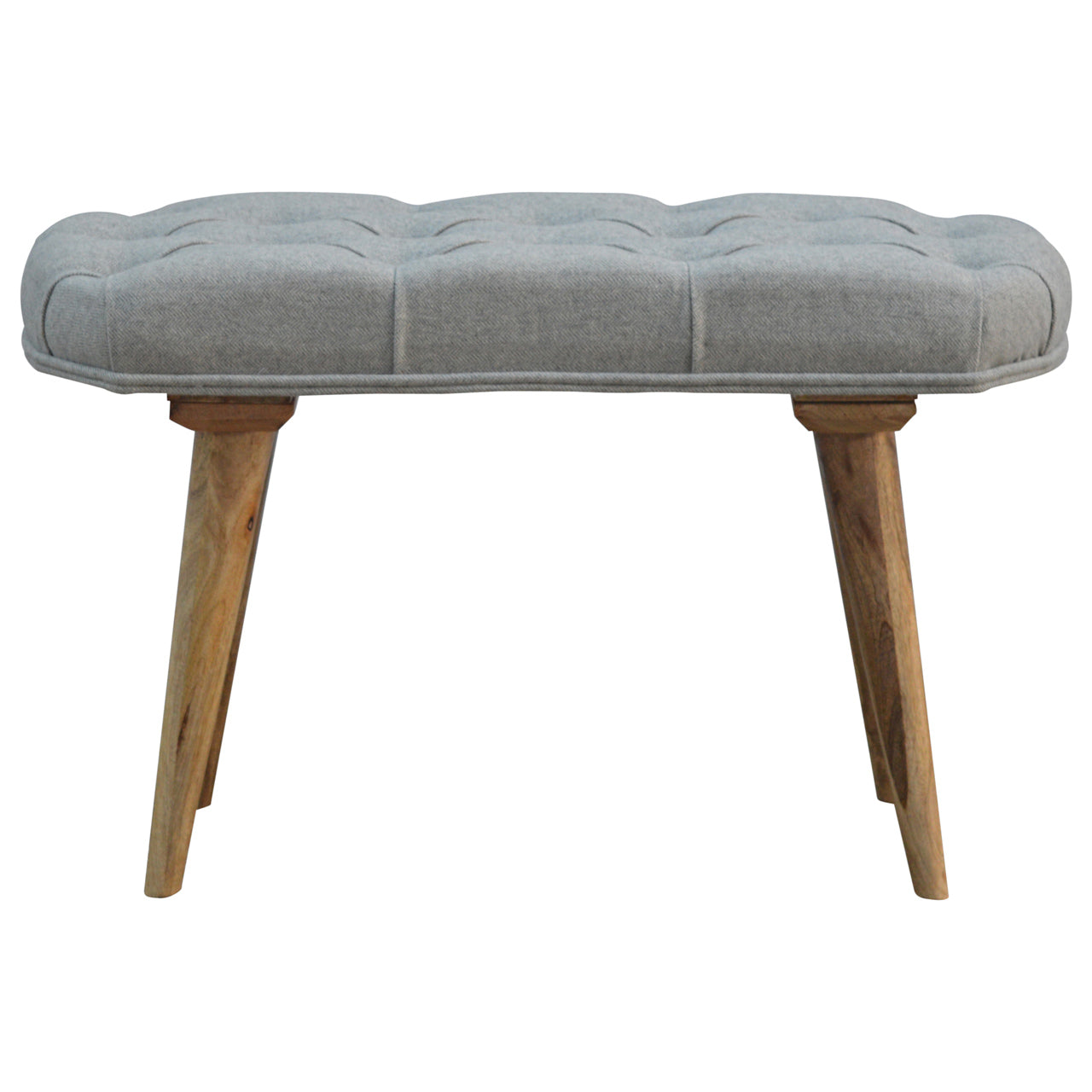 Solid Wood Nordic Style Bench with Deep Buttoned Grey Tweed Top
