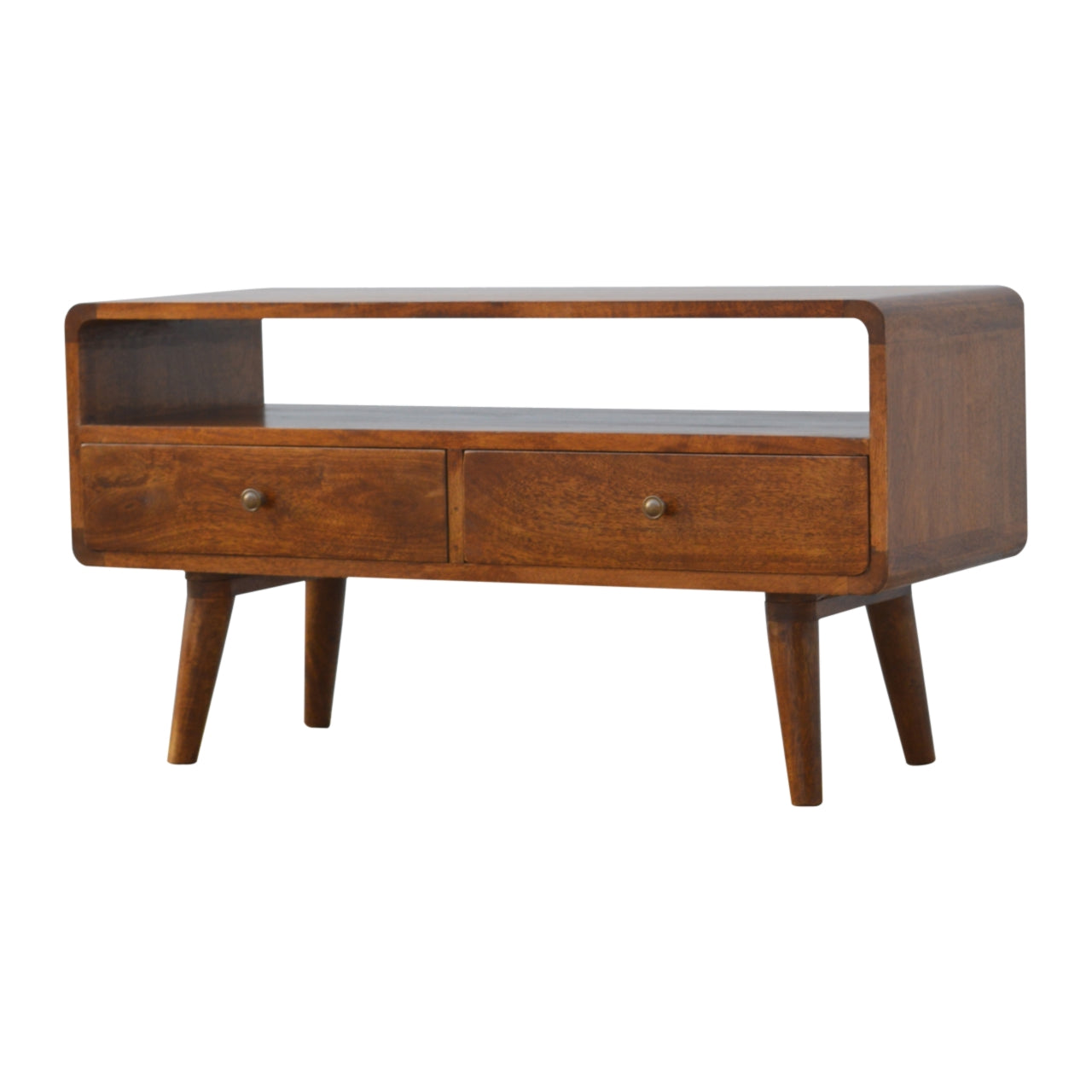 Solid Wood Curved Chestnut TV Stand with 2 Drawers
