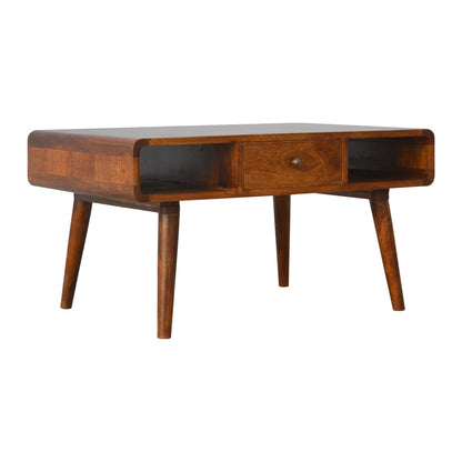 Solid Wood Curved Chestnut Coffee Table with Central Drawer