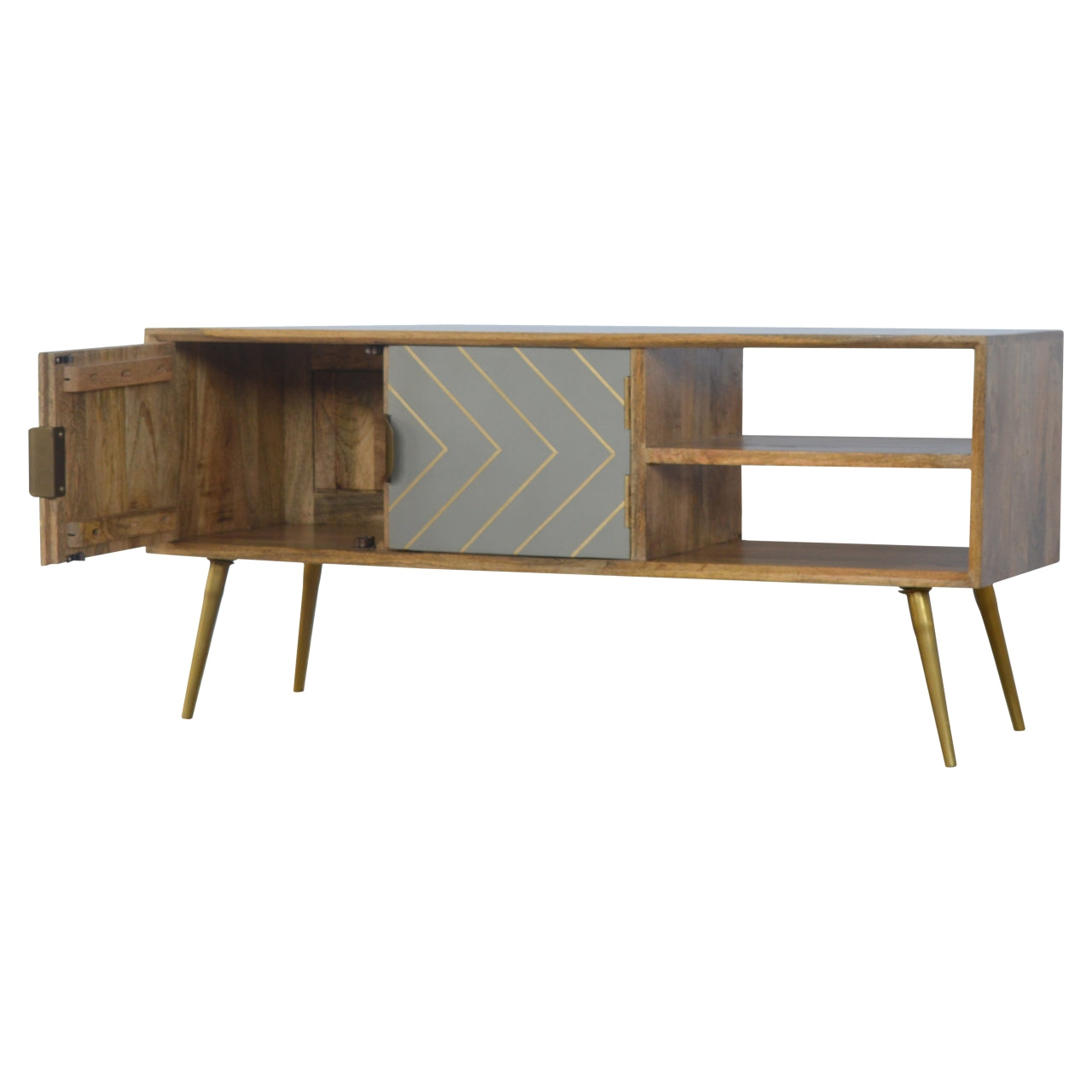 Solid Wood Sleek Cement Brass Inlay TV Stand