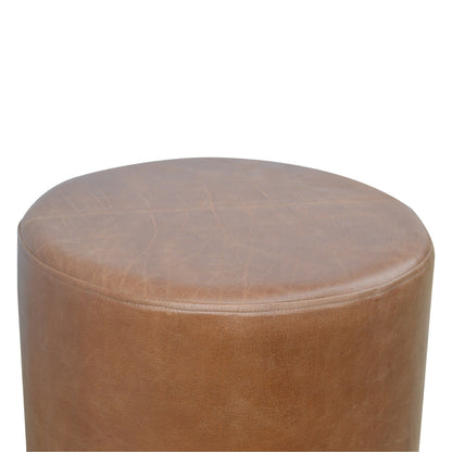 Solid Wood Brown Buffalo Leather Footstool with Gold Base