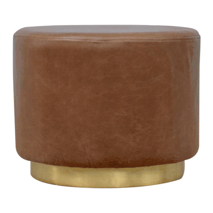 Solid Wood Brown Buffalo Leather Footstool with Gold Base