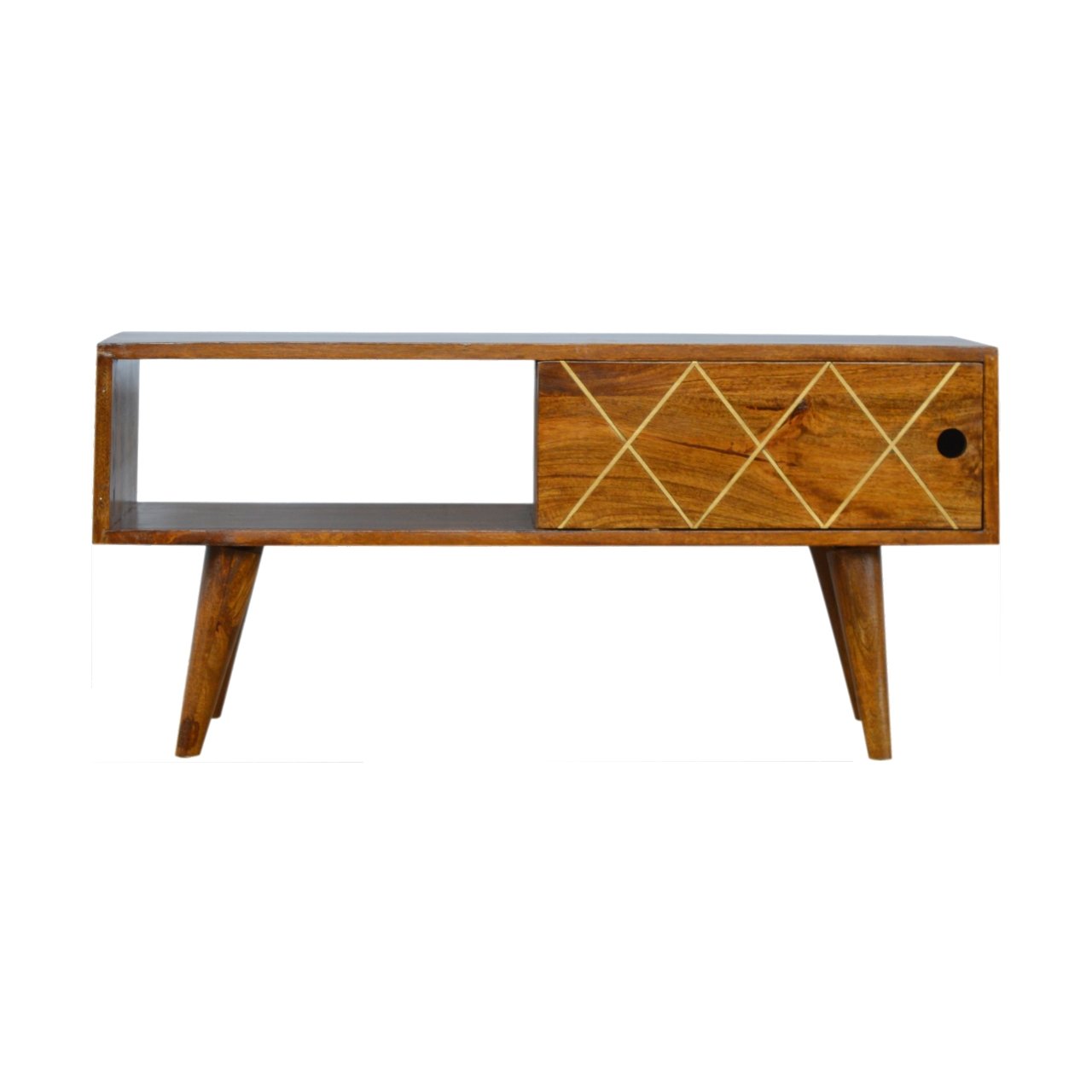 Solid Wood Brass Inlay Coffee Table with Sliding Door