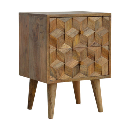 Solid Wood Cube Carved Bedside with 2 Drawers