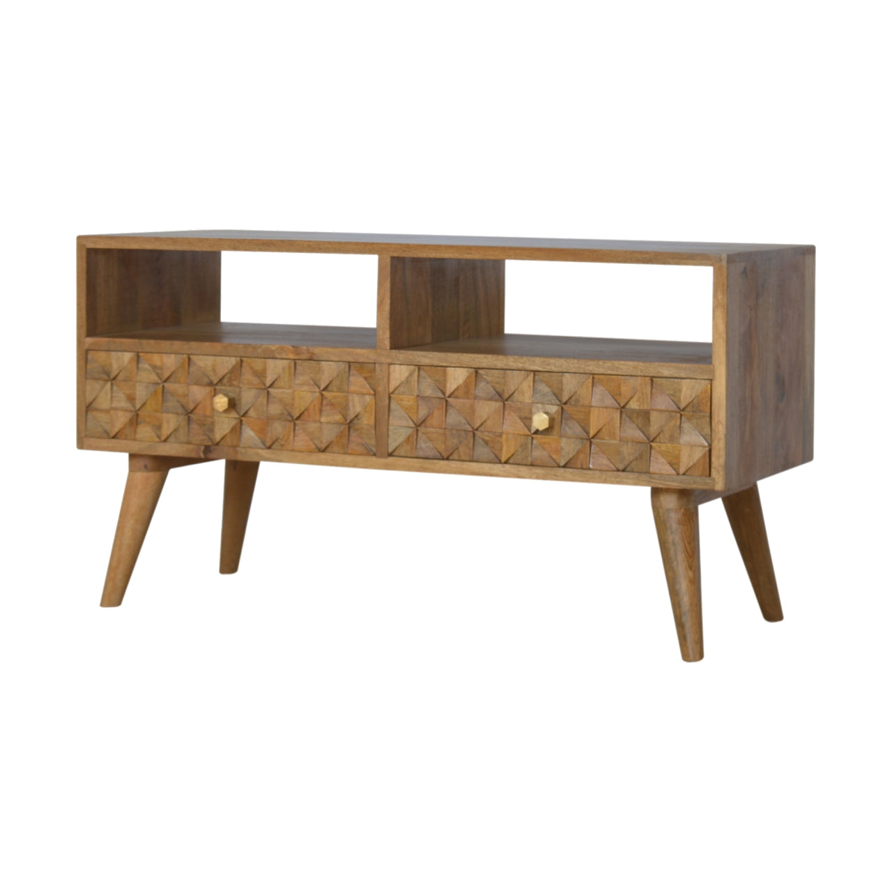 Solid Wood Diamond Carved Light Design TV Stand with 2 Drawers