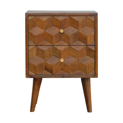 Solid Wood 2 Drawer Chestnut Cube Carved Bedside