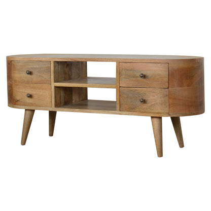 Solid Wood Rounded TV Stand with 4 Drawers & 2 Shelves