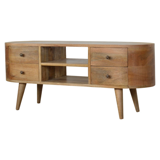 Solid Wood Rounded TV Stand with 4 Drawers & 2 Shelves