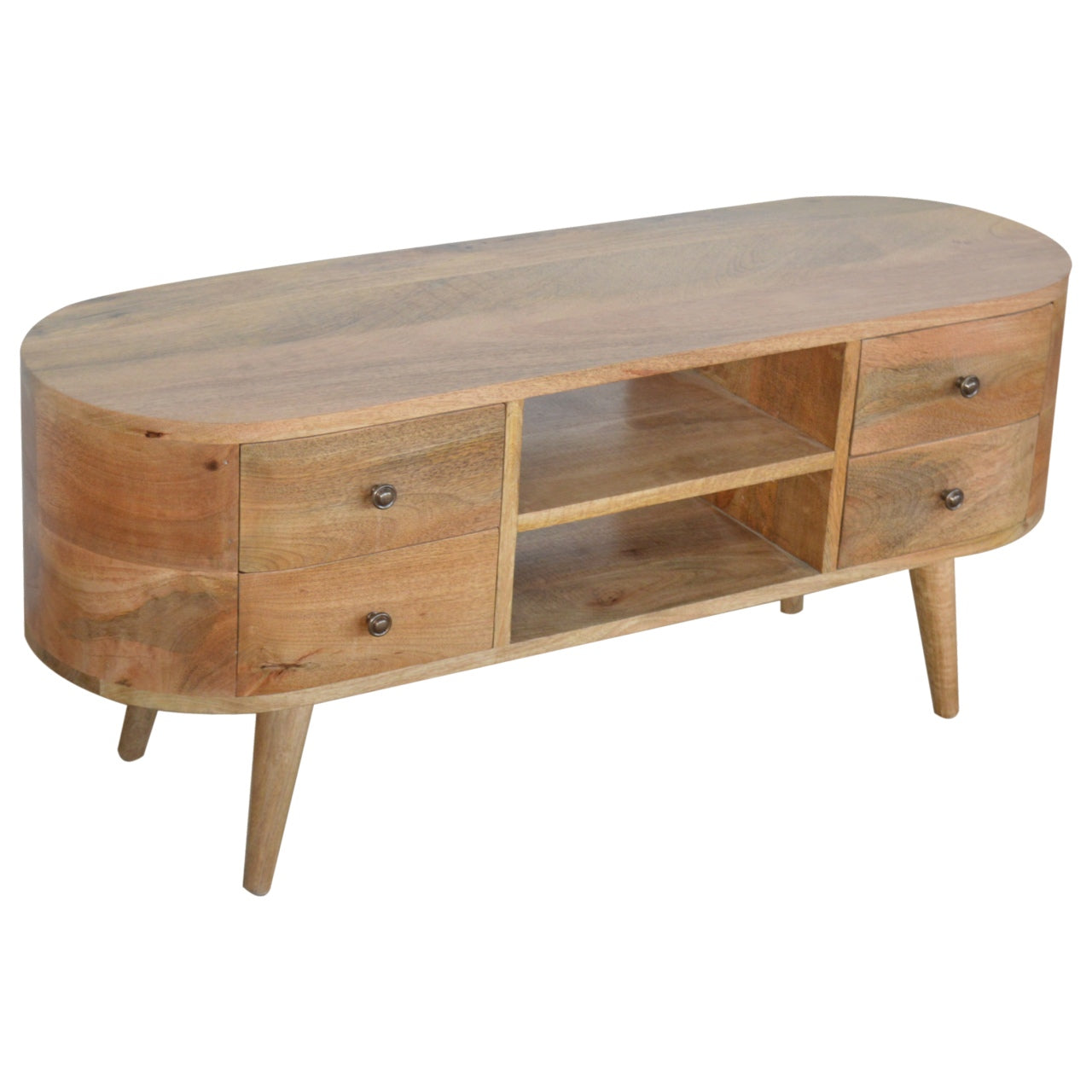 Solid Wood Rounded TV Stand with 4 Drawers & 2 Shelves