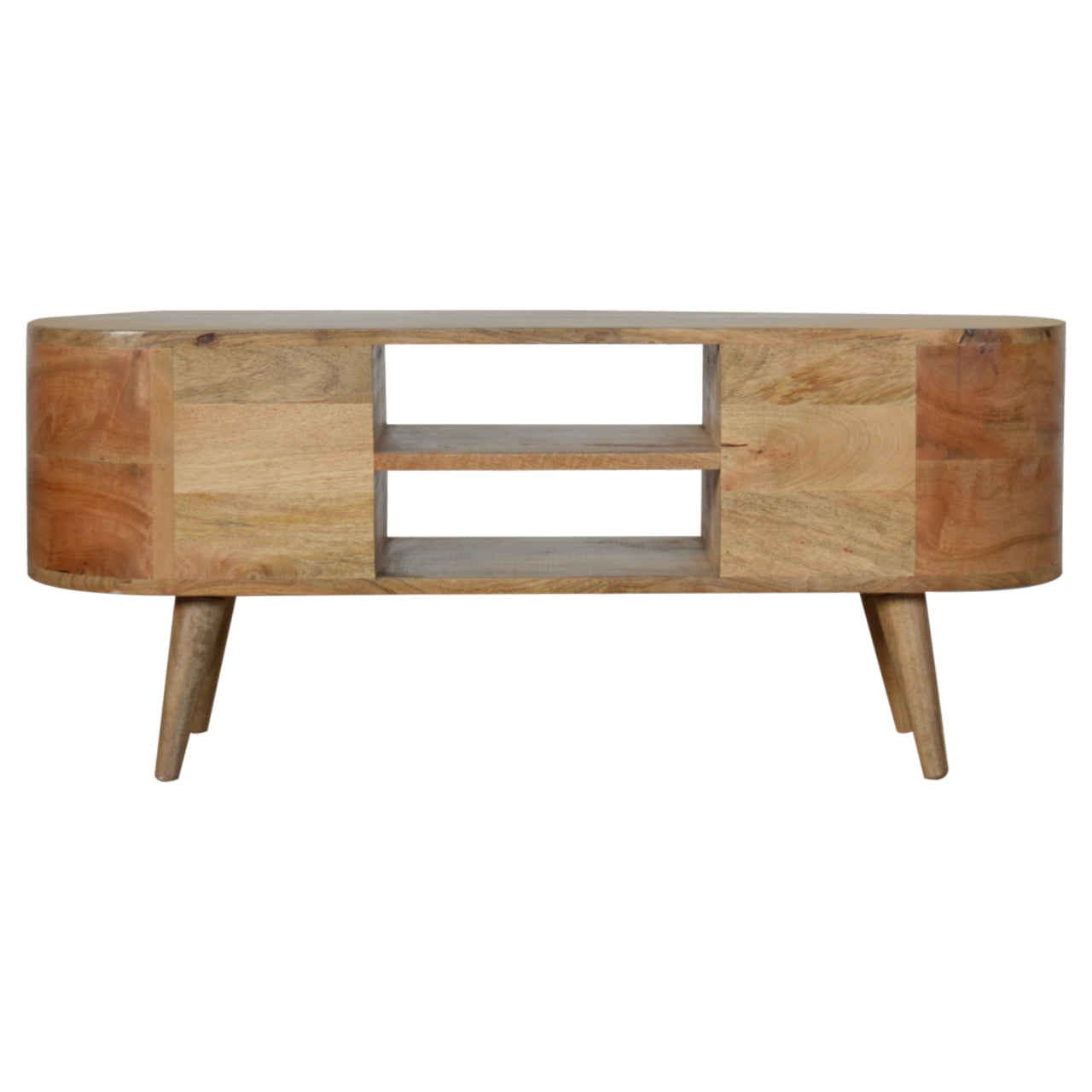 Solid Wood Rounded TV Stand with 4 Drawers & 2 Shelves
