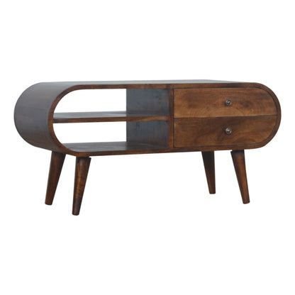 Solid Wood 2 Drawer Curved Chestnut TV Stand