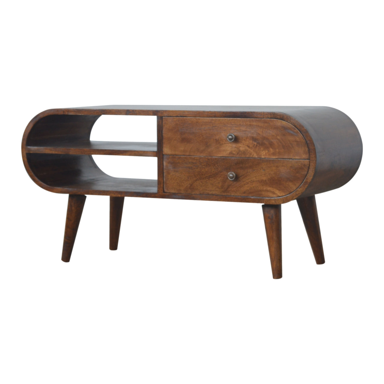 Solid Wood 2 Drawer Curved Chestnut TV Stand