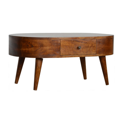 Solid Wood Chestnut Rounded Coffee Table with Drawer