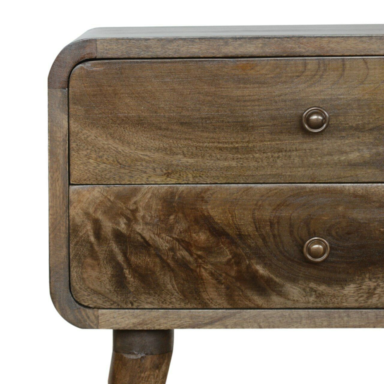 Solid Wood Curved Grey Wash Bedside with 2 Drawers
