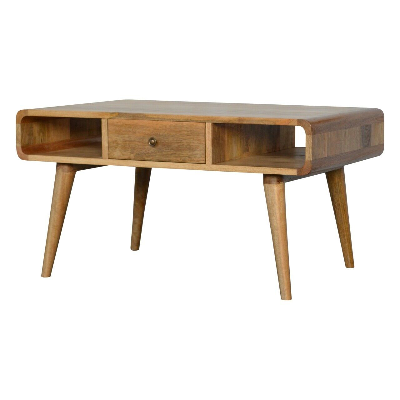 Solid Wood Curved Coffee Table / TV Stand with Drawer and Shelves