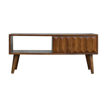 Solid Wood Chestnut Coffee Table with Carved Drawer Front