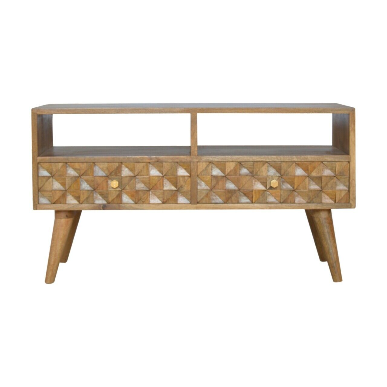 Solid Wood Diamond Carved Light Design TV Stand with 2 Drawers