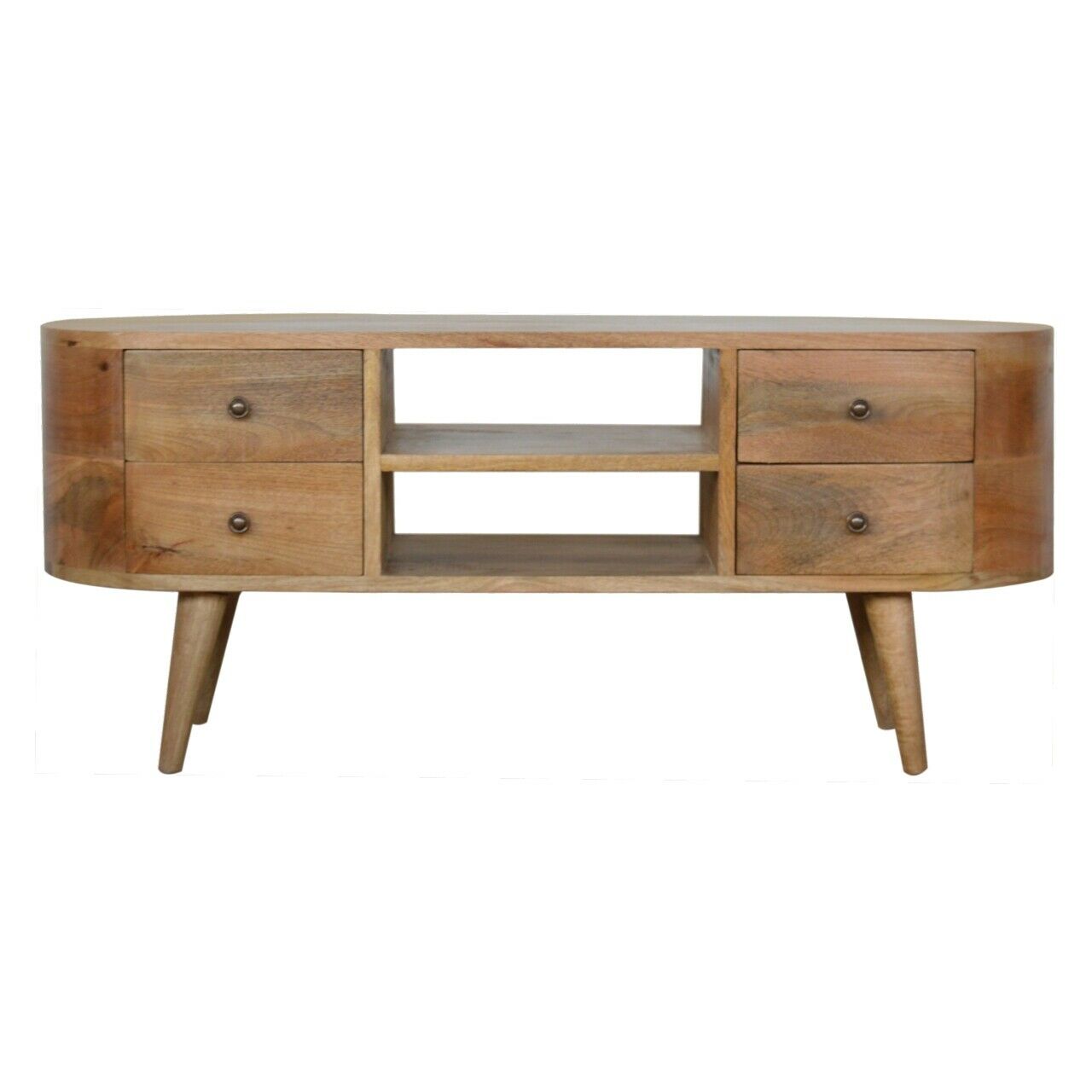 Solid Wood Rounded TV Stand with 4 Drawers & 2 Shelves